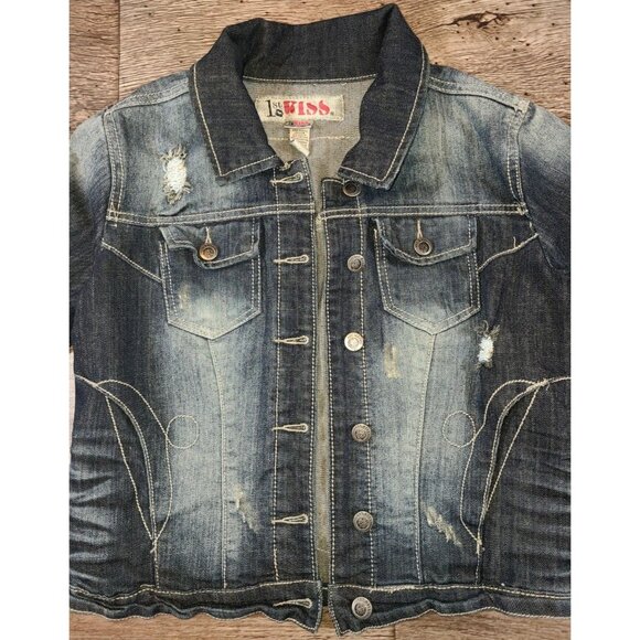 1st Kiss Distressed Stretch Denim Lace Skull Rockabilly Jean Jacket Juniors M - Picture 3 of 8